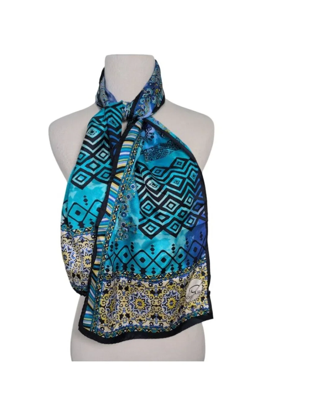 Oscar De La Renta Silk Floral Medallion Scarf Blue Eclectic Rolled Hem Rectangle
